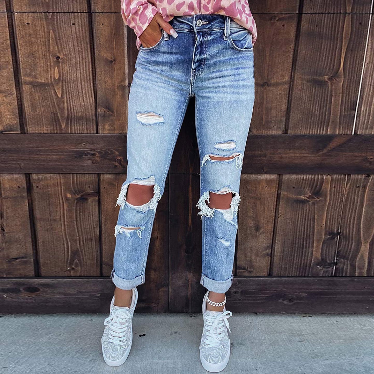 Femme High-Rise Distressed Boyfriend Jeans Stilla