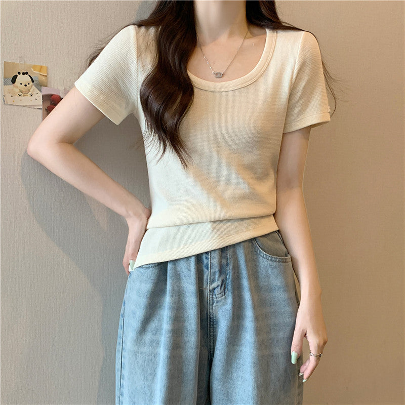 Femme Rib-strik Stretch Korte ærmer top Stilla