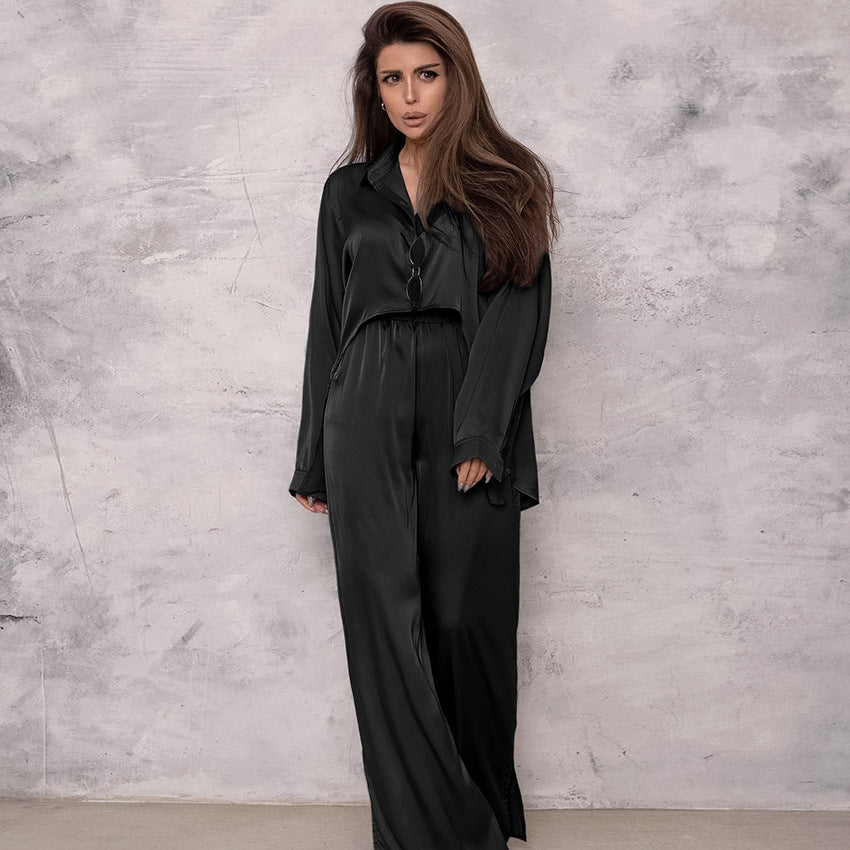 Dame Satin Jumpsuit-Sæt med afslappet elegance og bredt ben Stilla