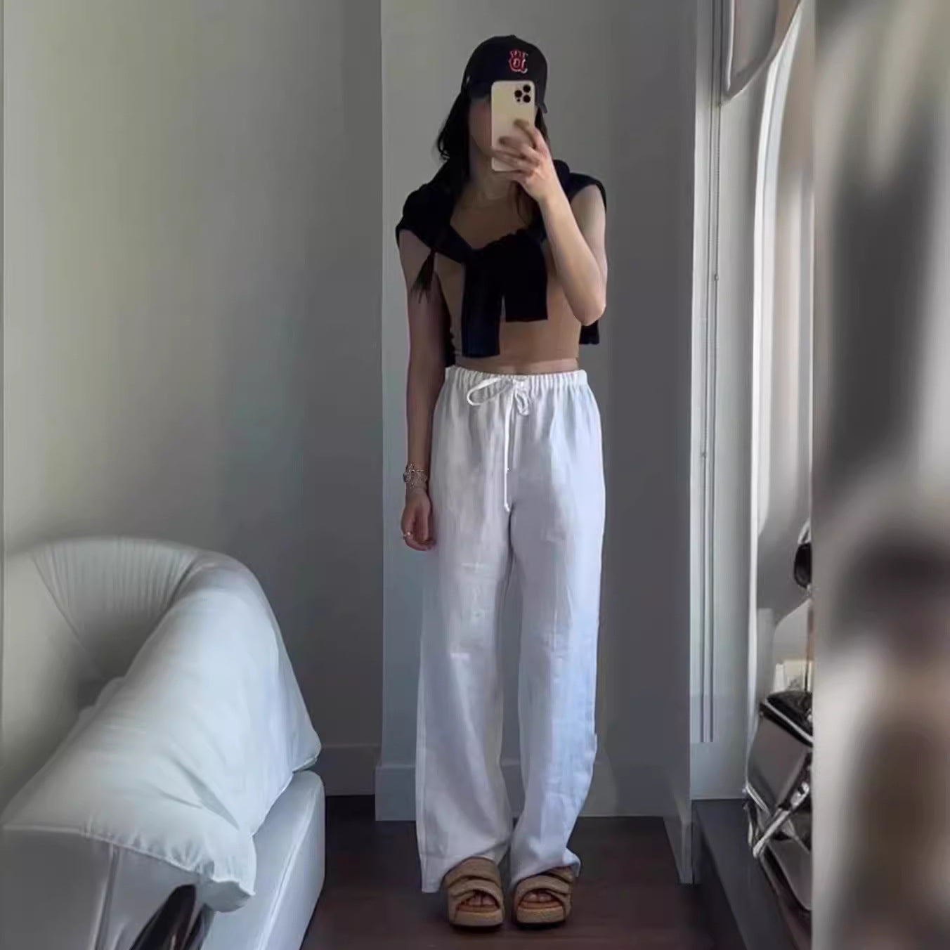 Damer casual linnedbukser med elastisk talje og bredt skåret ben Stilla