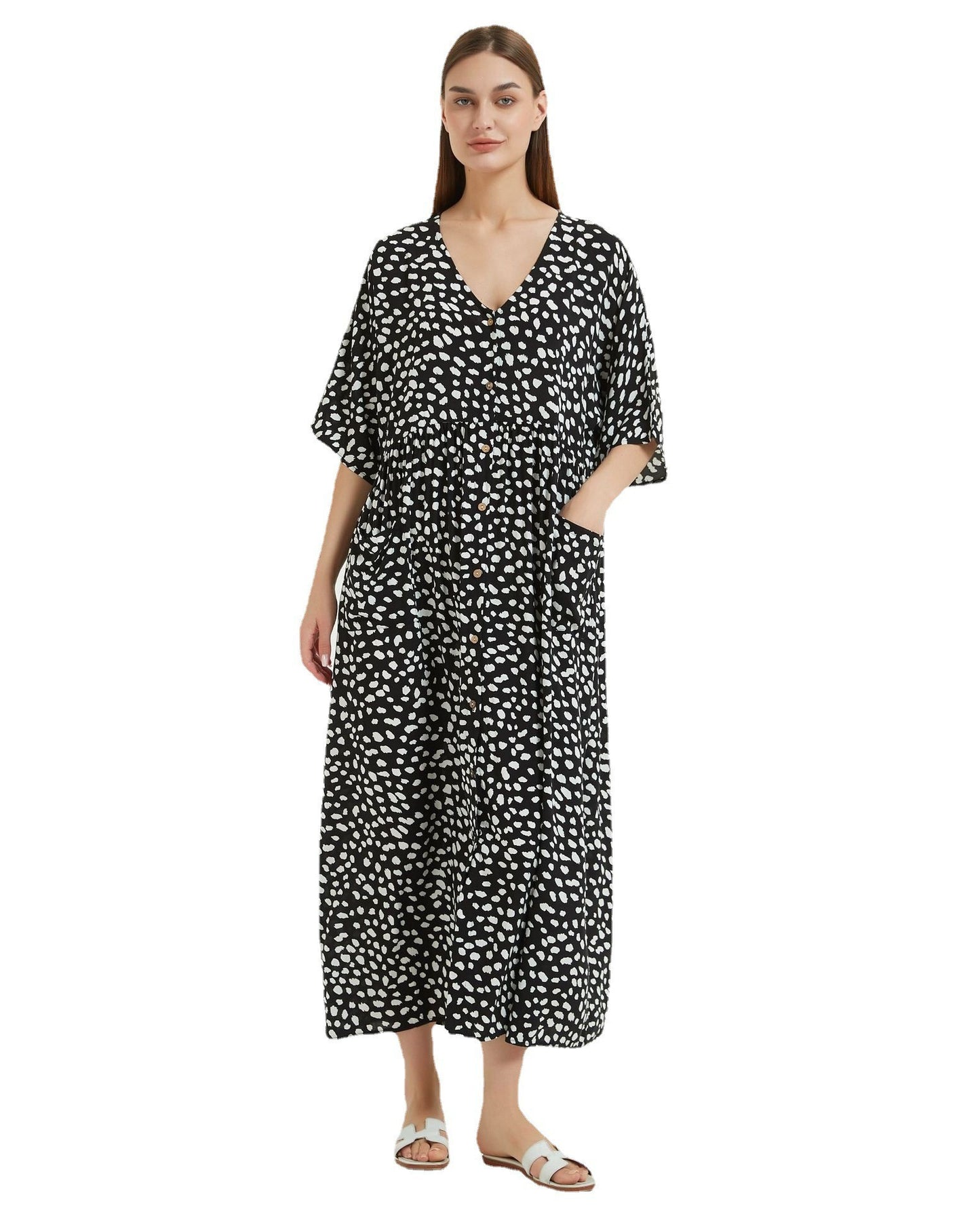 Dame afslappet maxikjole med dyb V-hals og sidelommer Stilla