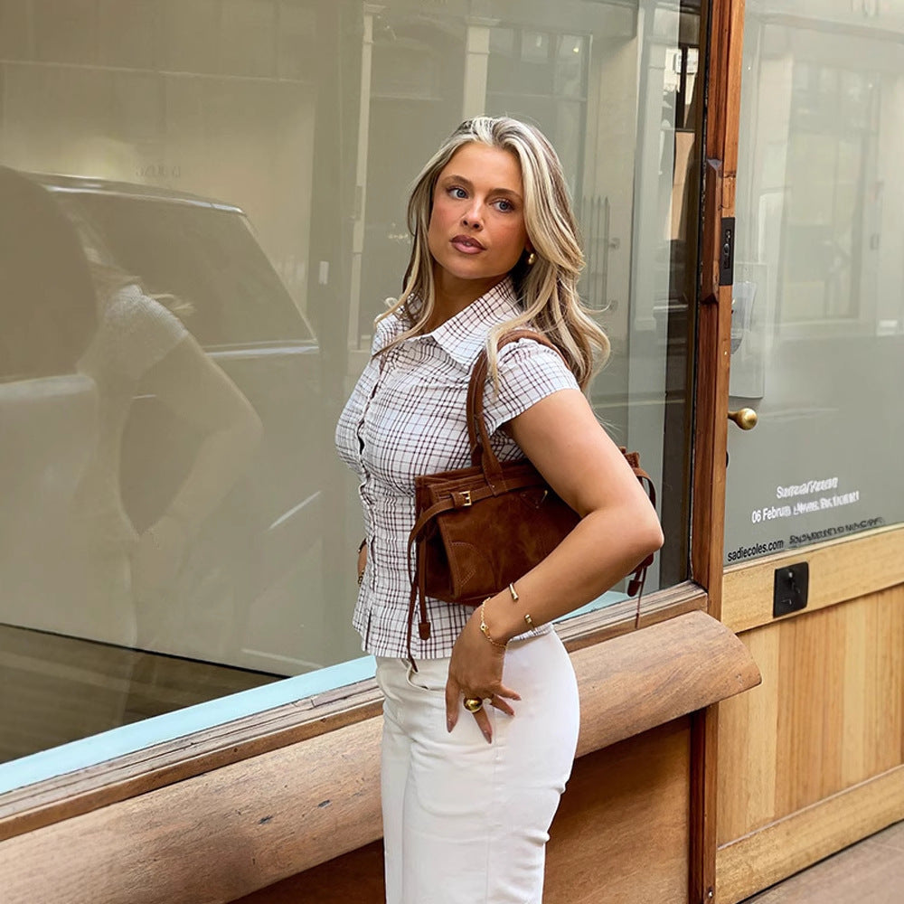 Dame Designer Bluse med figursyet snit og ternet mønster Stilla