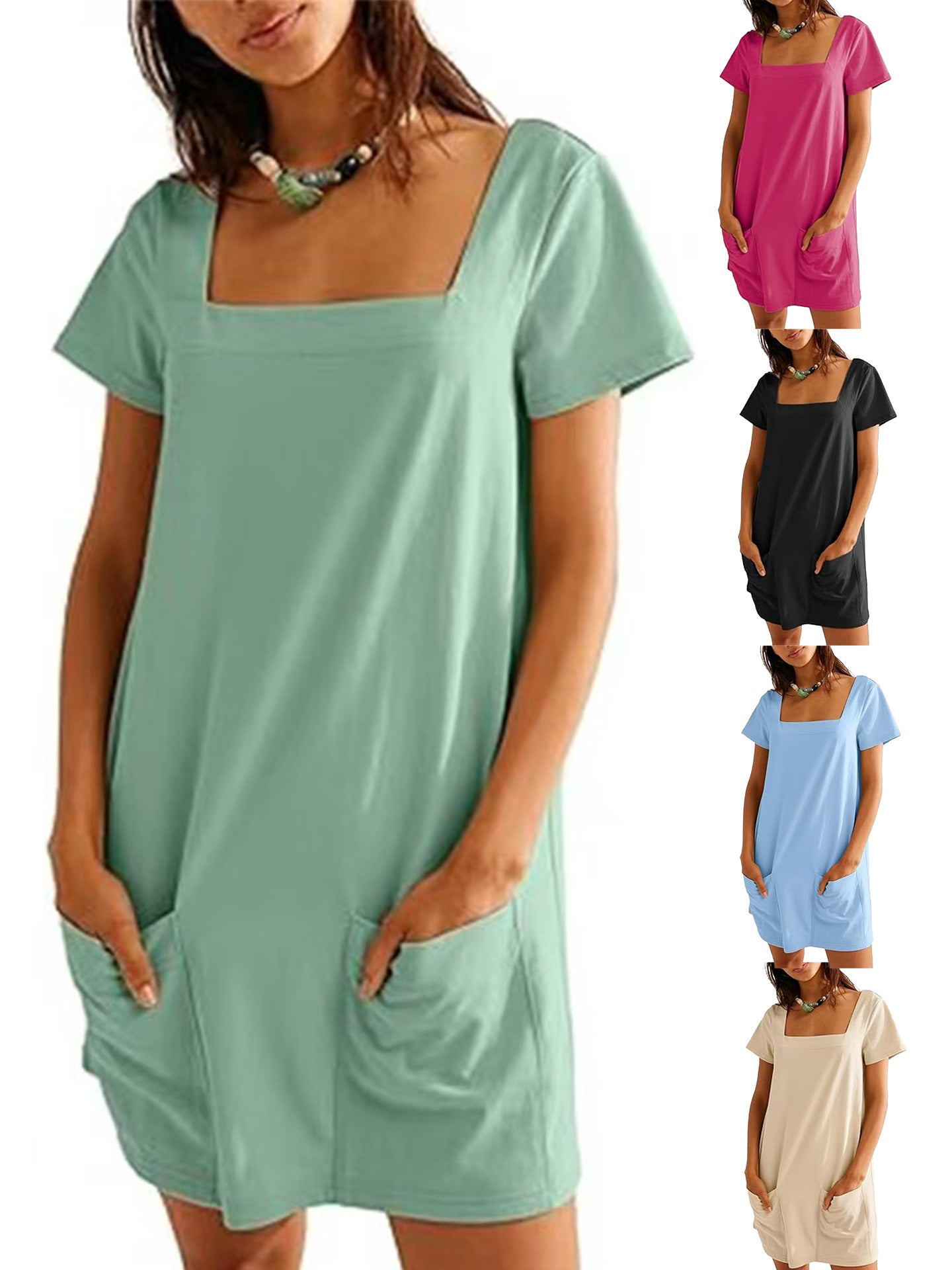 Dame afslappet kjole med praktiske lommer og elegant firkantet udskæring Stilla