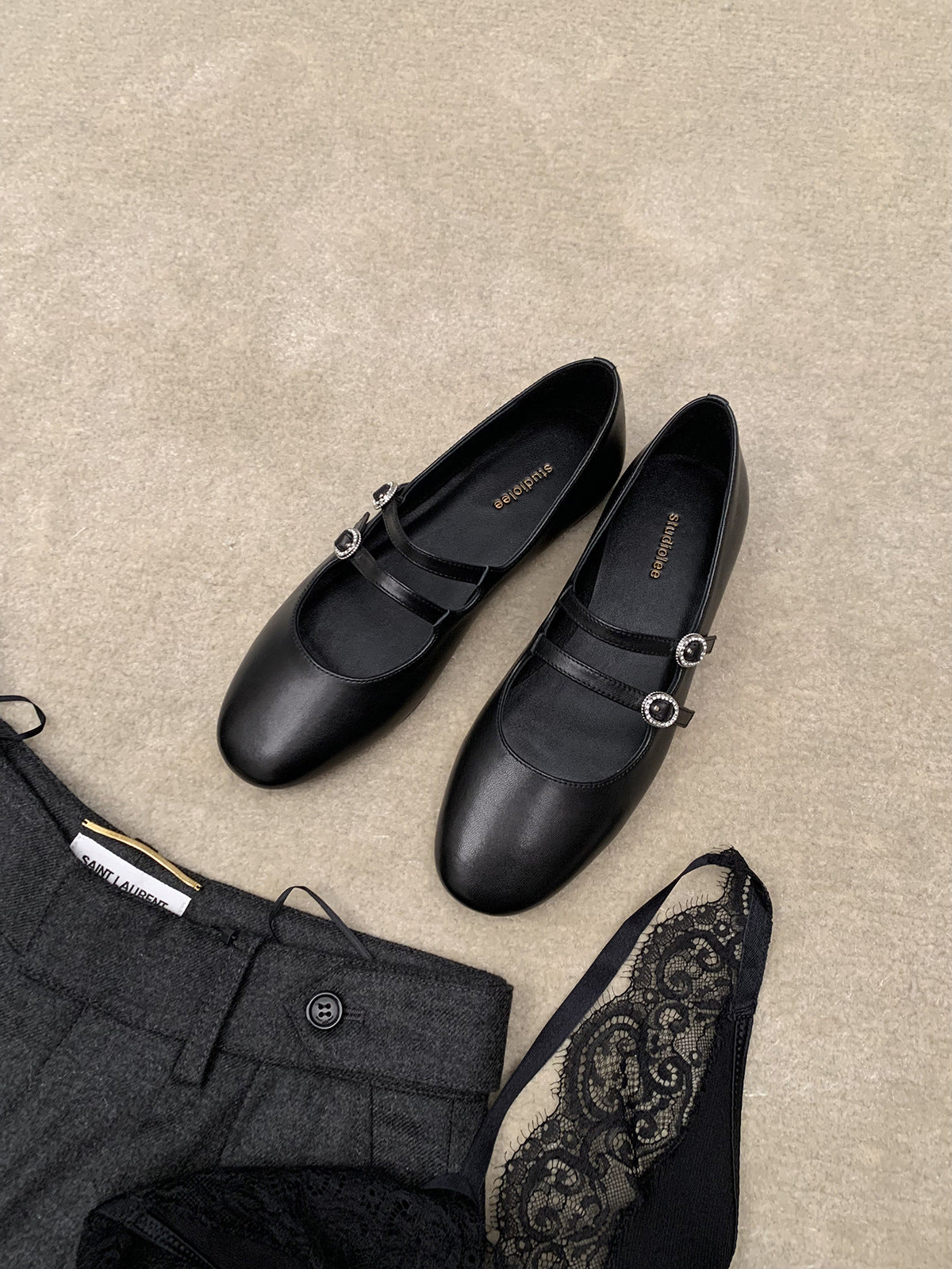 Dame Elegant Dobbeltrem Mary Jane Ballerinaer med Strassdetaljer Stilla