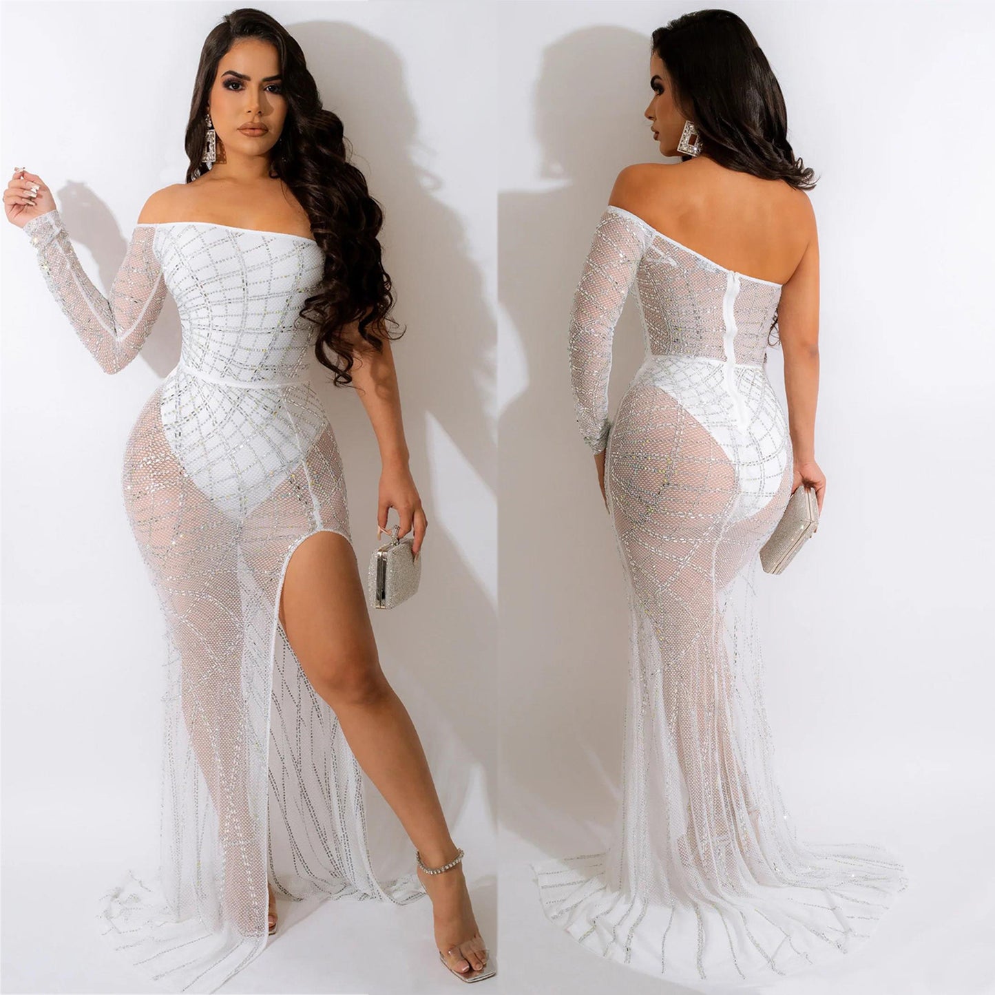 Dame Elegant aftenkjole med ekstravagante strass dekorationer og dyb split Stilla