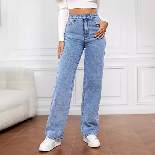 Dame Høj Talje Jeans i Vintage Stil med Bred Ben Stilla
