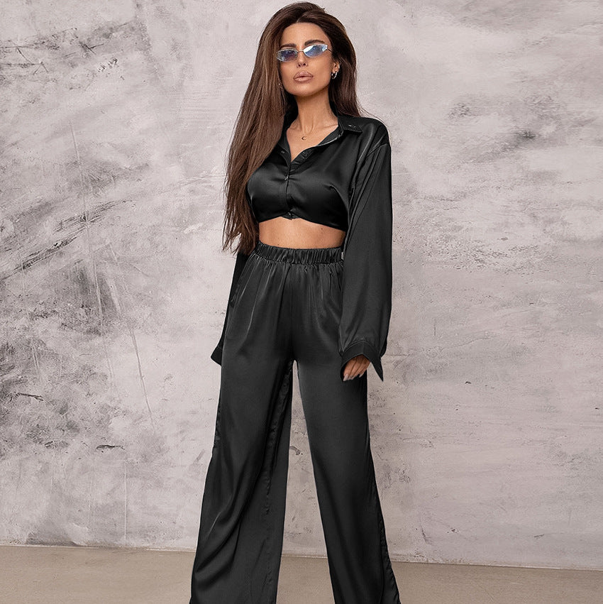 Dame Satin Jumpsuit-Sæt med afslappet elegance og bredt ben Stilla