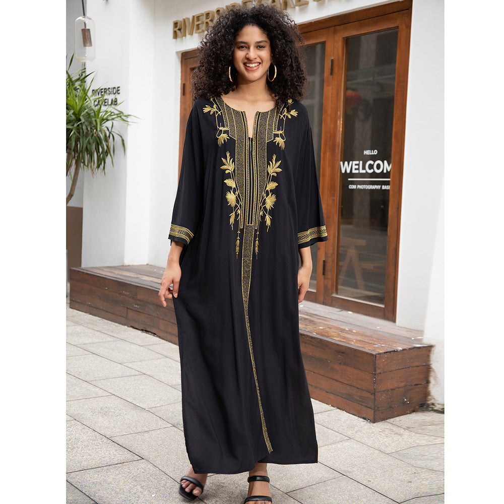 Dame elegant kaftan med kunstnerisk gylden broderi Stilla