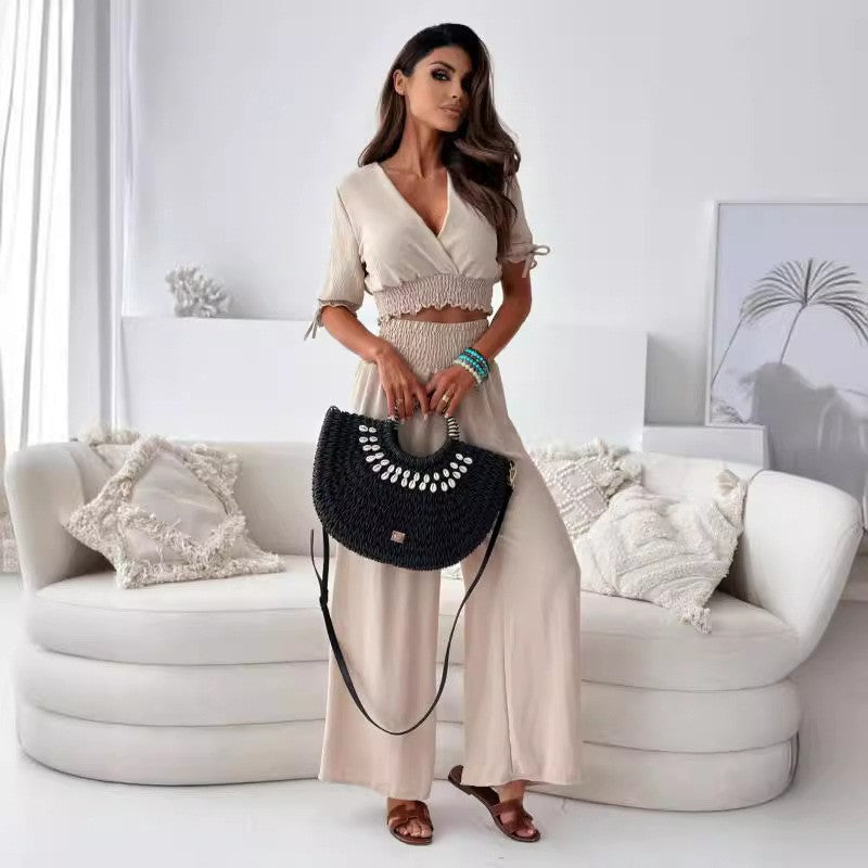 Dame Cropped Lounge Sæt med højt skårne, brede bukser Stilla