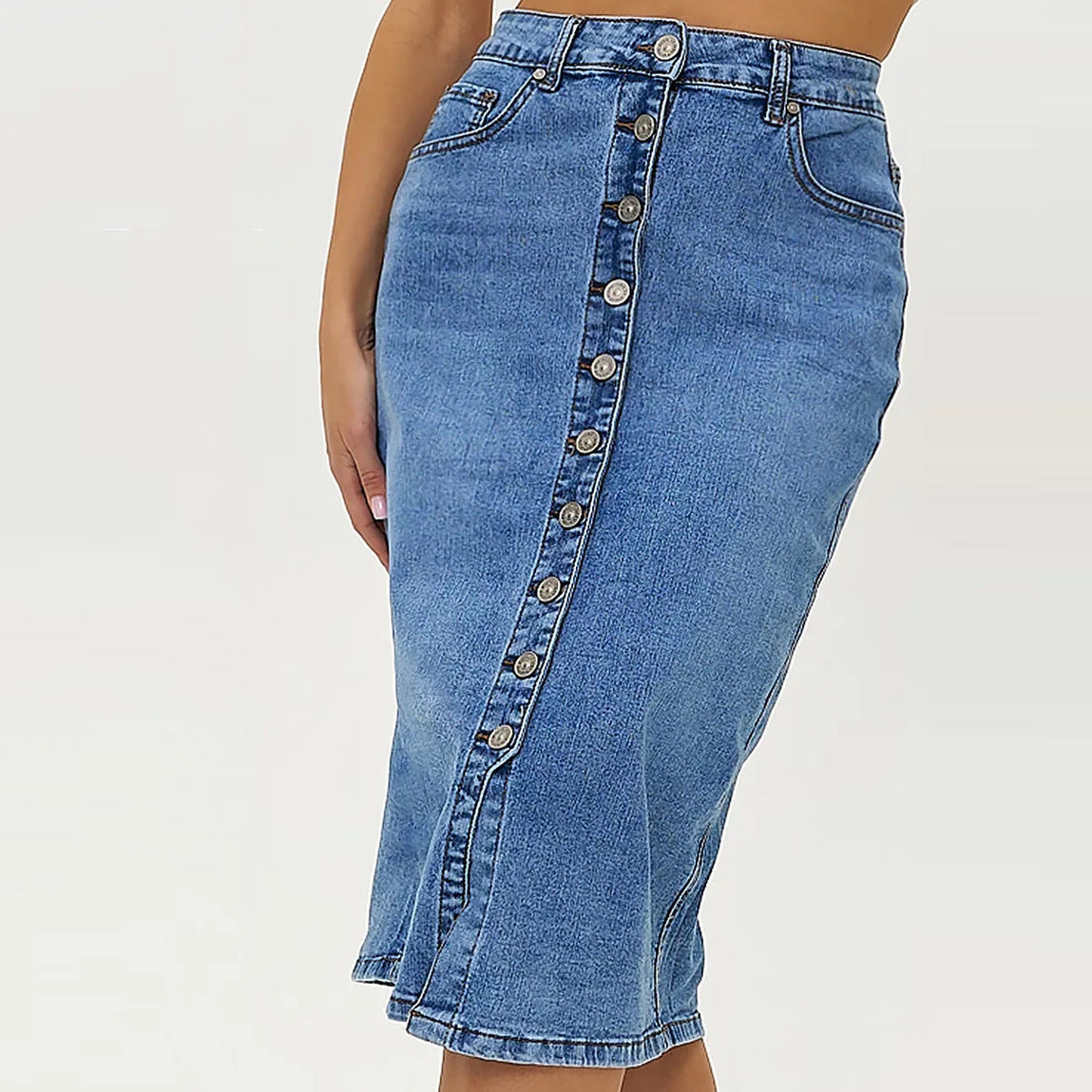 Dame Denim-Midi nederdel med knaplukning og høj talje Stilla