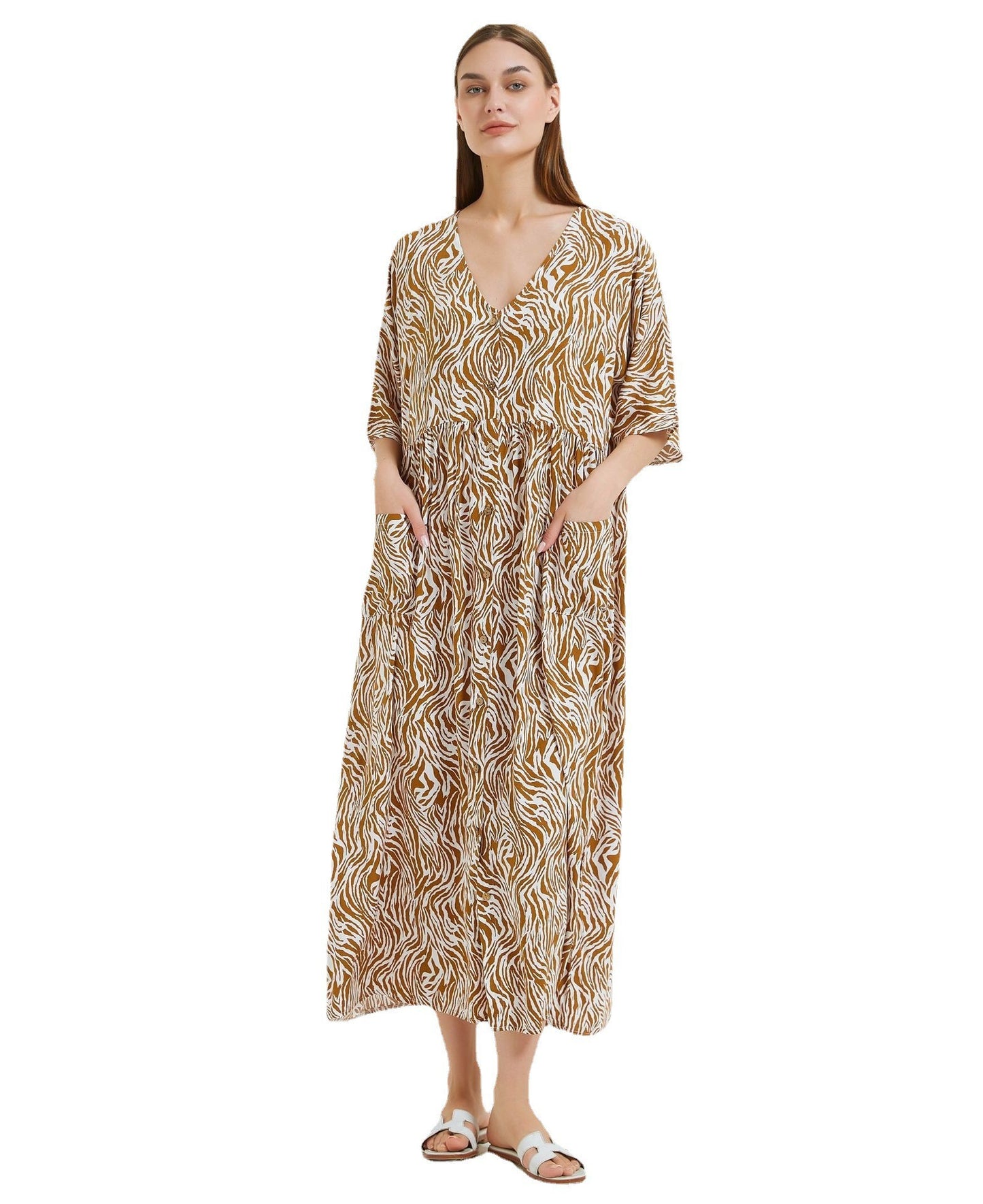 Dame afslappet maxikjole med dyb V-hals og sidelommer Stilla