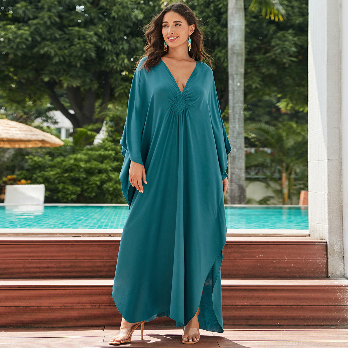 Dame Elegant Kaftan Kjole med V-udskæring og Falde detaljer Stilla