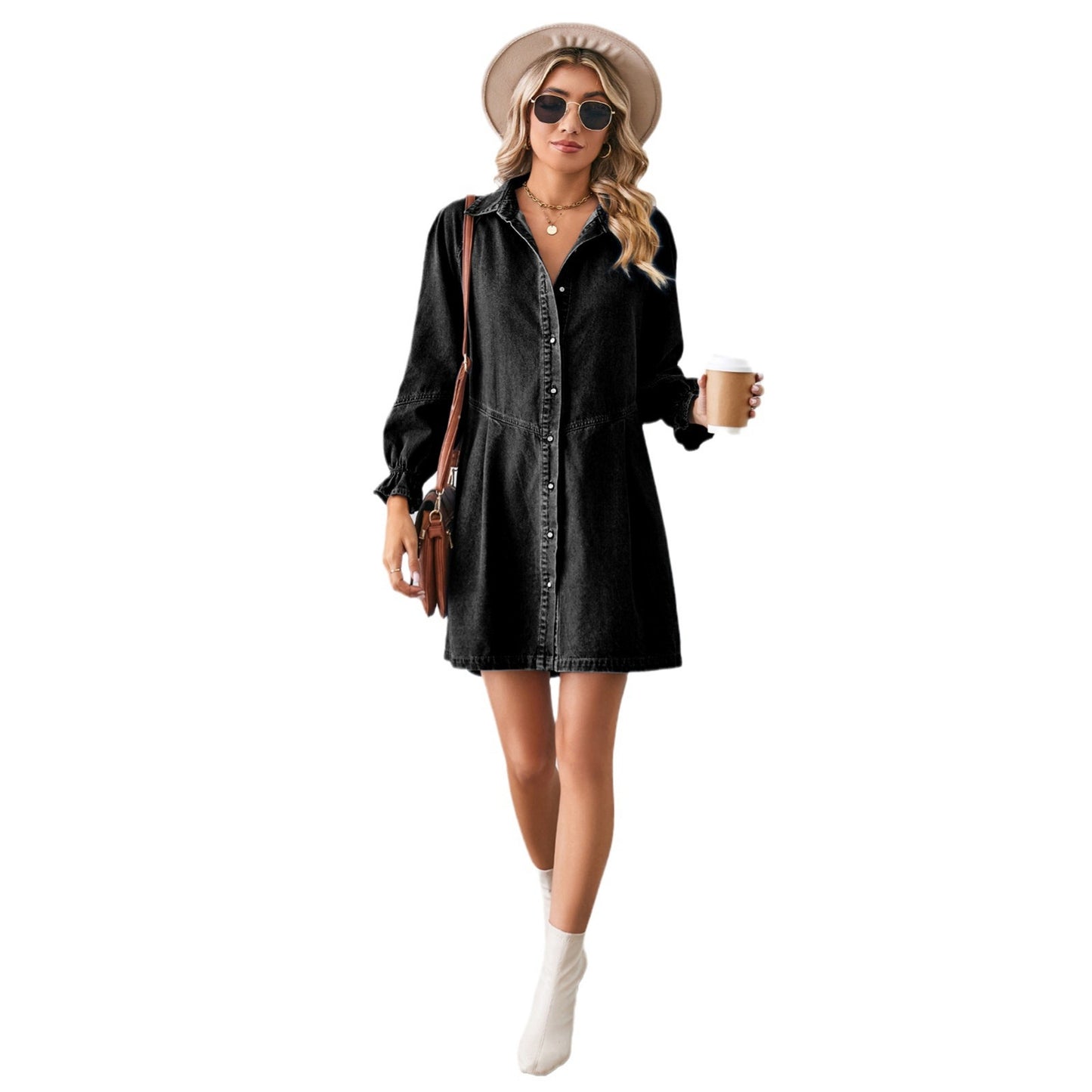 Dame Denim-Skjorte kjole med voluminøse ærmer og tætsiddende pasform Stilla