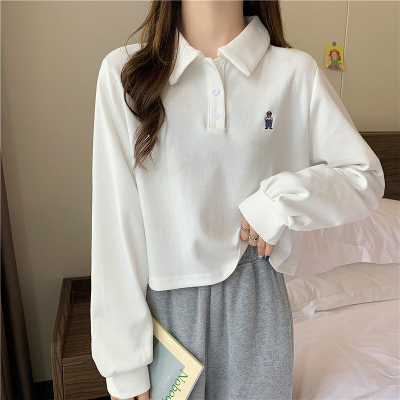 Dame Cropped Langærmet Polo-Top med unik broderi Stilla