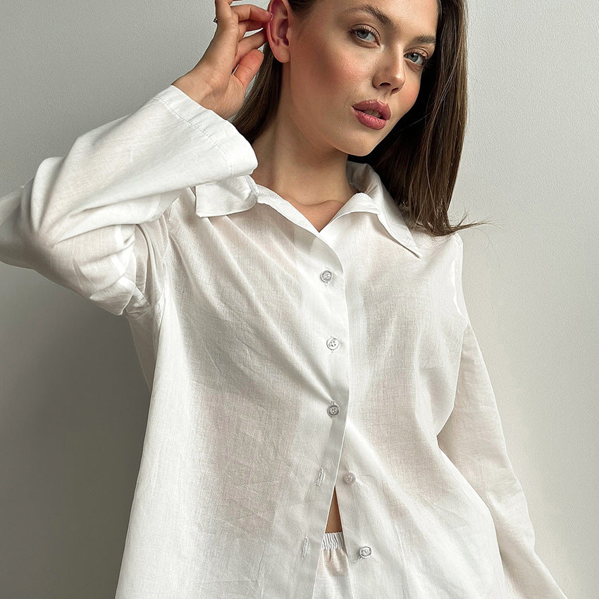 Dame afslappet cropped pyjamasæt med knapdetaljer og elastisk linning Stilla