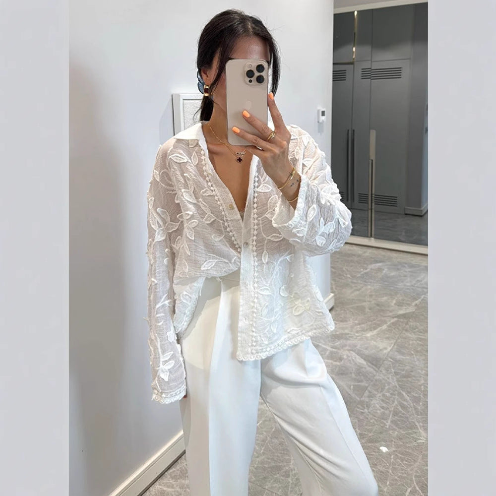 Dame afslappet bluse med blomstret hæklemønster Stilla