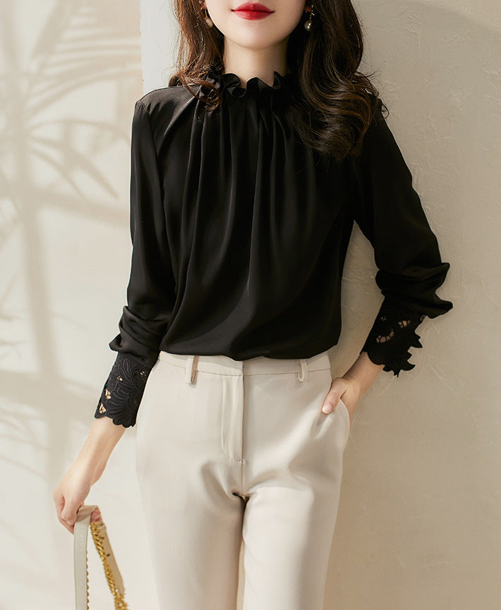 Dame elegant bluse med flæsedetaljer og blondeærmer Stilla