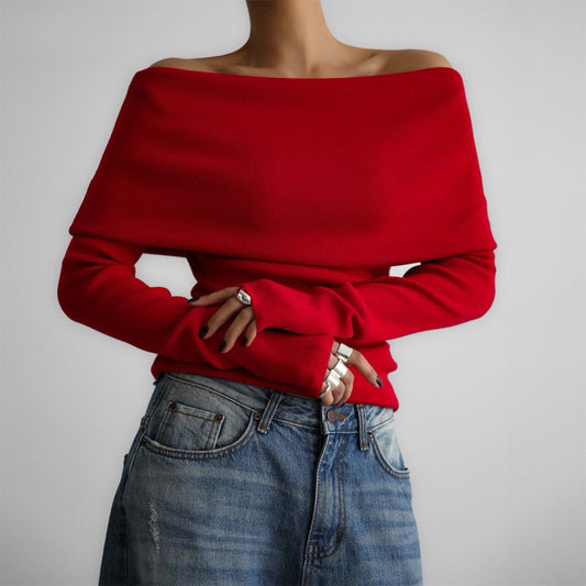 Femme Off-Shoulder Strikpullover og Flare Bukser Sæt Stilla