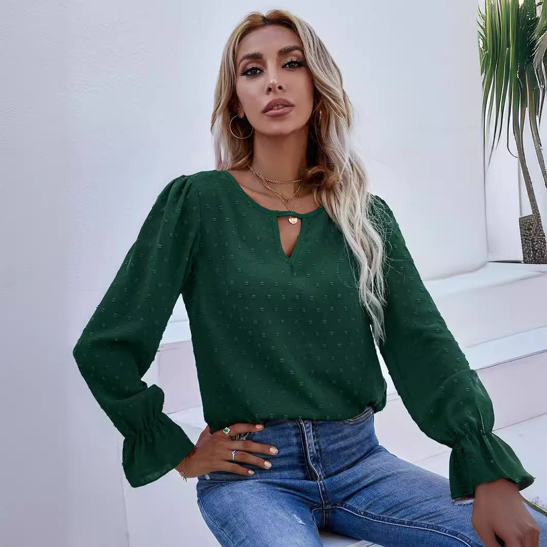 Dame elegant bluse med nøgleudskæring og puffærmer Stilla