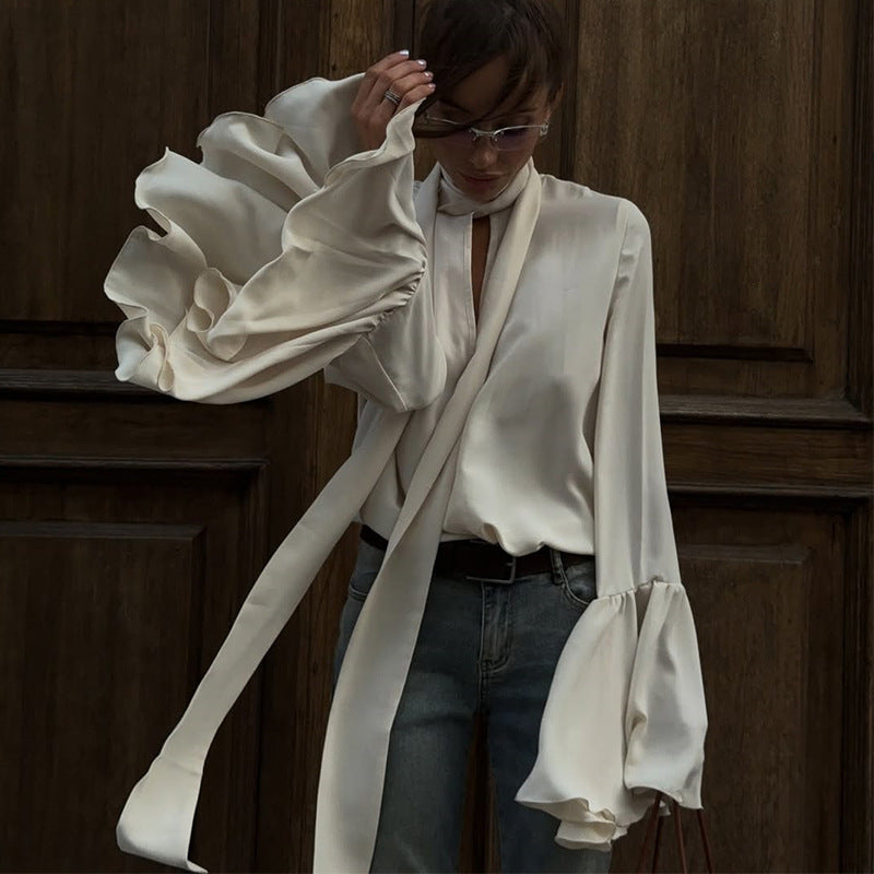 Dame elegant bluse med voluminøse ruffles ærmer Stilla