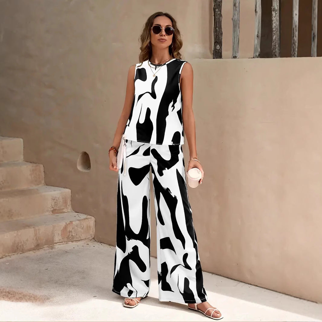 Dame bred jumpsuit sæt med kreativt mønster Stilla