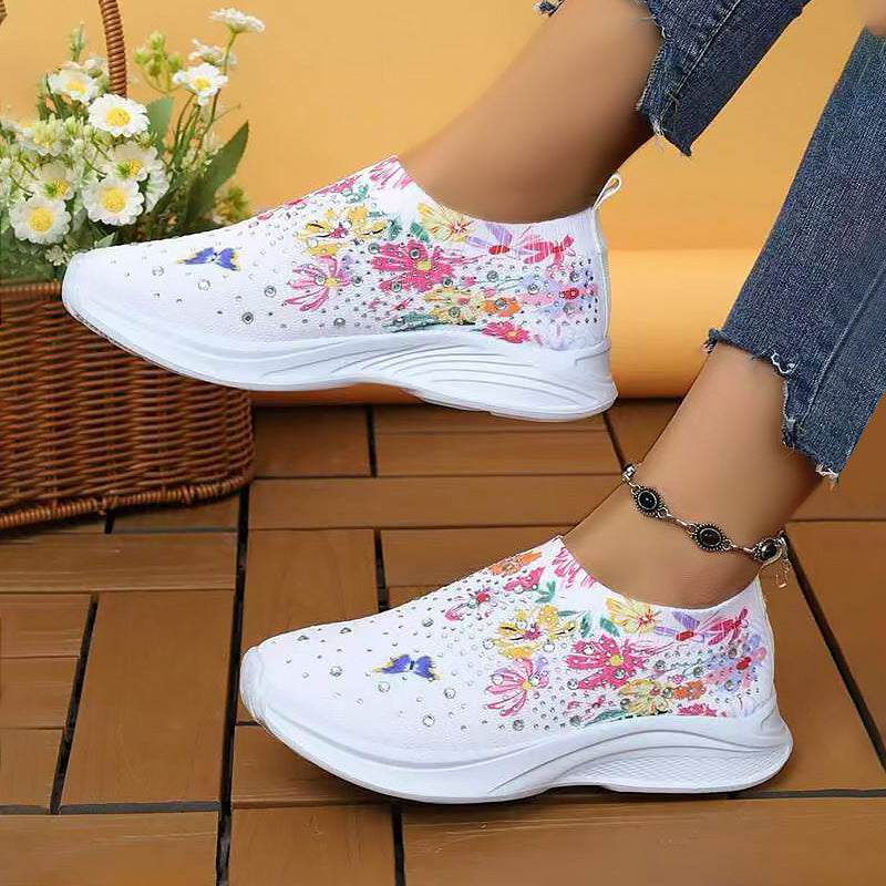 Dame Elastiske Slip-On Sneakers med floralt Strassdesign og dæmpende sål Stilla