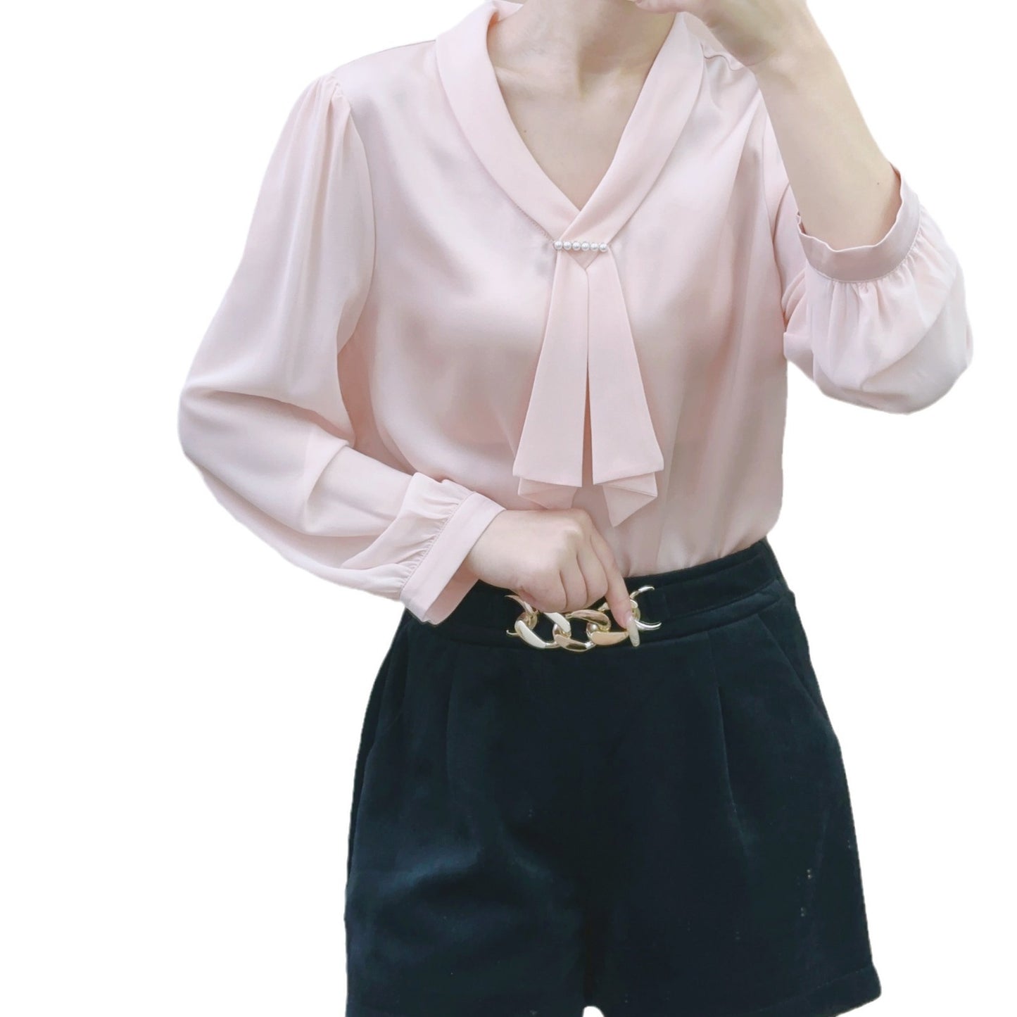 Dame Elegant Bluse med dekorative folder og perlebesat krave Stilla