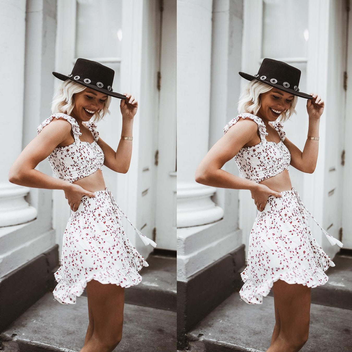 Dame Crop-Top og Mini-Nederdel Sæt med Rynkedetaljer og Blomstertryk Stiila