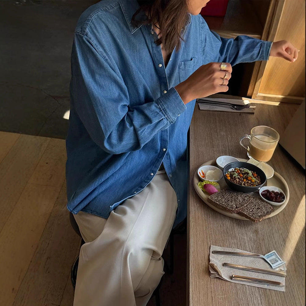 Dame afslappet Denim-skjorte med praktiske lommer Stilla