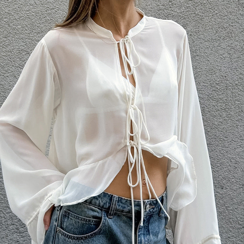 Dame afslappet chiffonbluse med justerbart snore-detalje og voluminøse ærmer Stilla