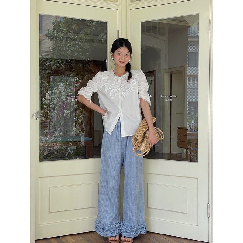 Dame afslappede Palazzo-bukser med flæsedetaljer og elastisk talje Stilla