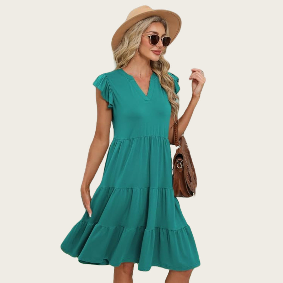 Dame afslappet sommerkjole med uldne ærmer og V-hals Stilla