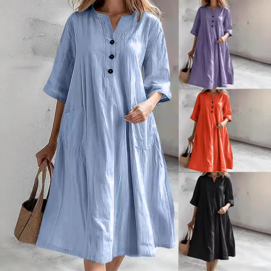 Dame afslappet midikjole med knaplukning og praktiske lommer Stilla