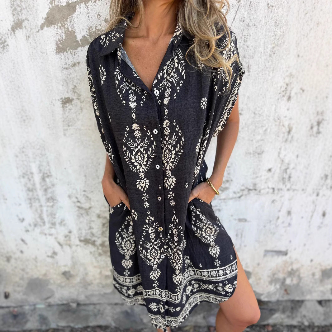 Dame afslappet skjorte kjole med lommer og blomsterprint Stilla