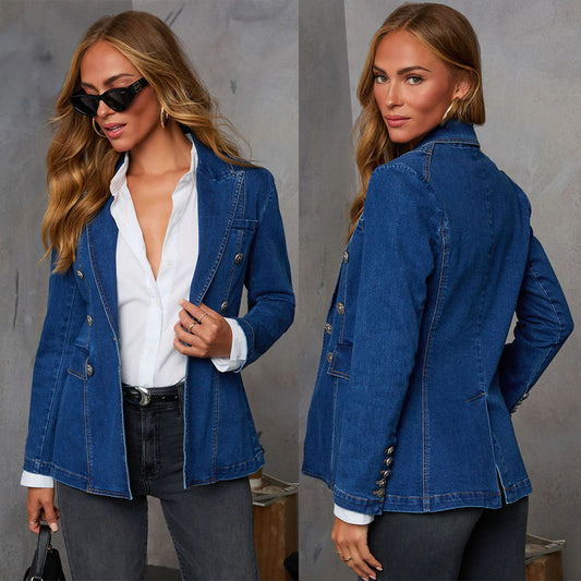 Dame Denim Blazer i elegant dobbeltknapstil Stilla