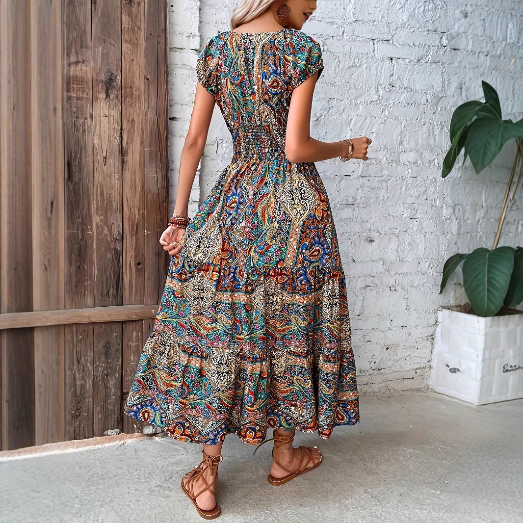 Boho Maxikjole til damer med samlet overdel og korte ærmer Stilla