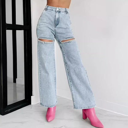 Dame brede jeans med moderigtige cut-outs og dekorative kæder Stilla