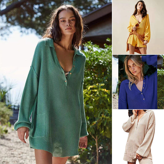 Dame elegant strik-jumpsuit med mode puffærmer og afslappet snit Stilla