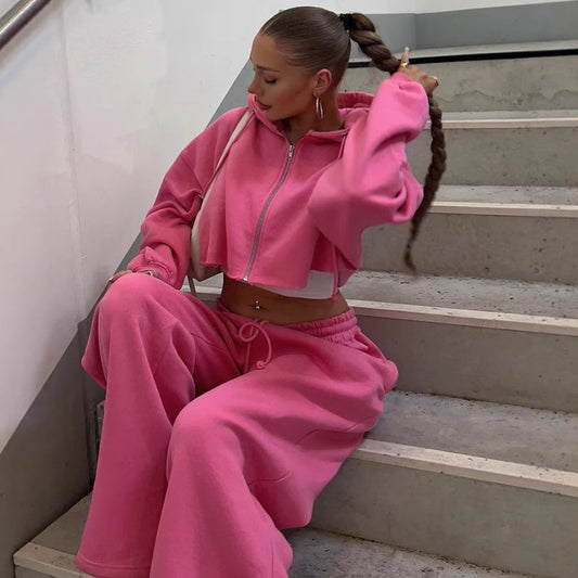 Dame afslappet oversized cropped sæt med lynlås og brede ben Stilla