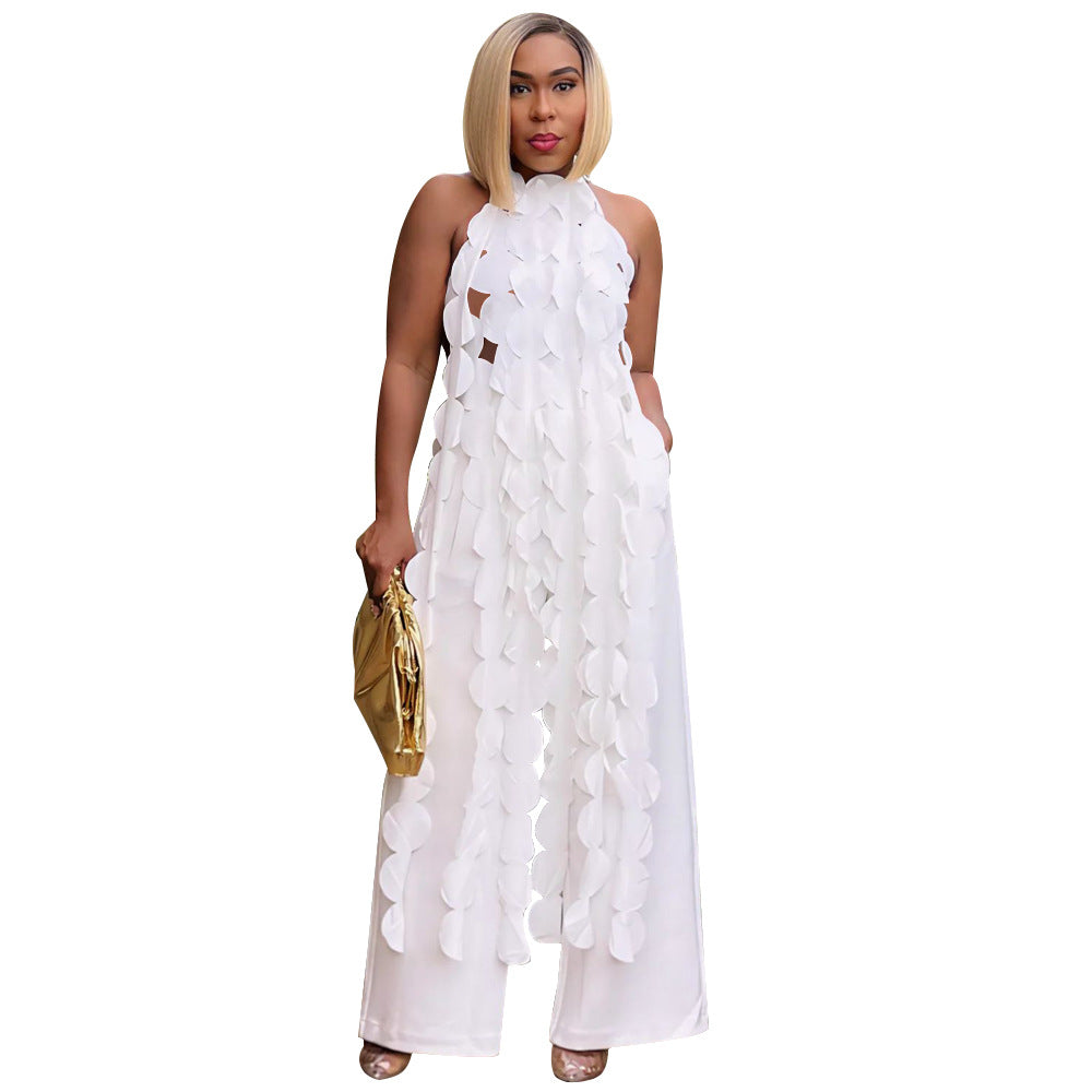 Damer mode Halterneck-jumpsuit med frynset design og lommer Stilla