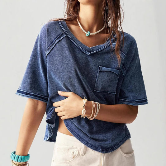 Dame afslappet oversized V-hals T-shirt med brystlomme Stilla