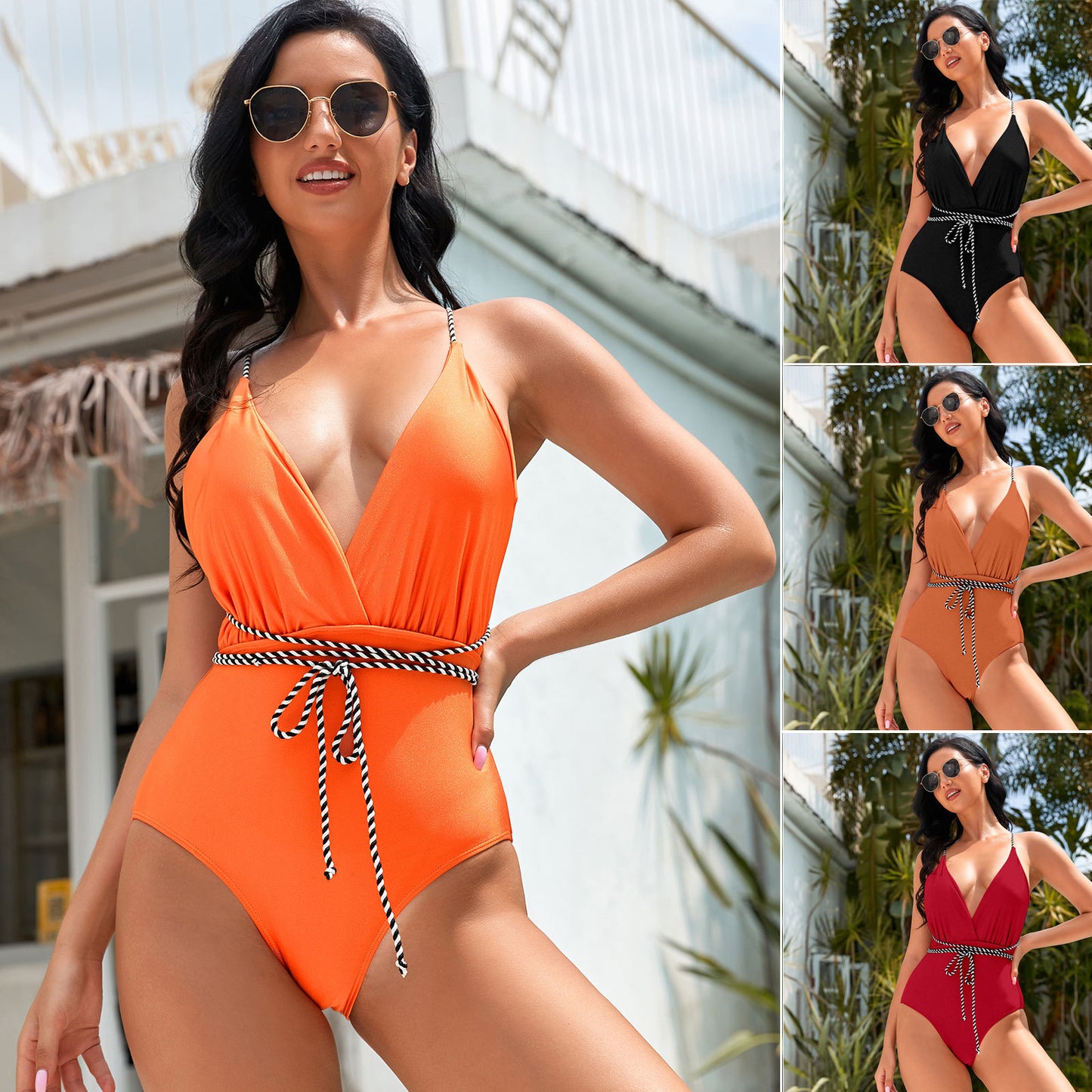 Dame Deep V-udskæring Én stykket badedragt med justerbar bånd Stilla