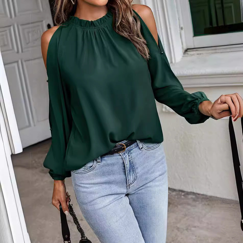 Dame elegant bluse med kold skulder design og flæsekrave Stilla