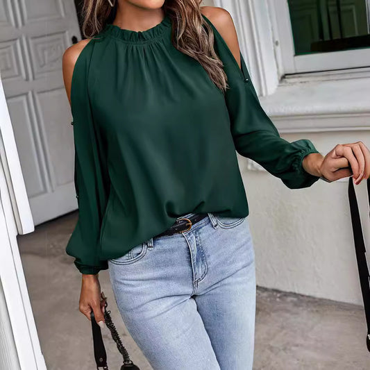 Dame elegant bluse med kold skulder design og flæsekrave Stilla