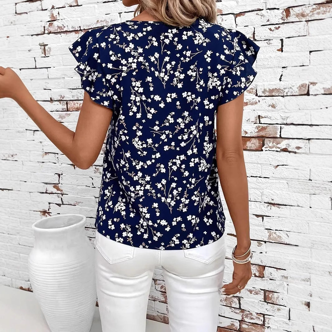 Dame elegant blomsterprint bluse skjorte med flæser detaljer Stilla