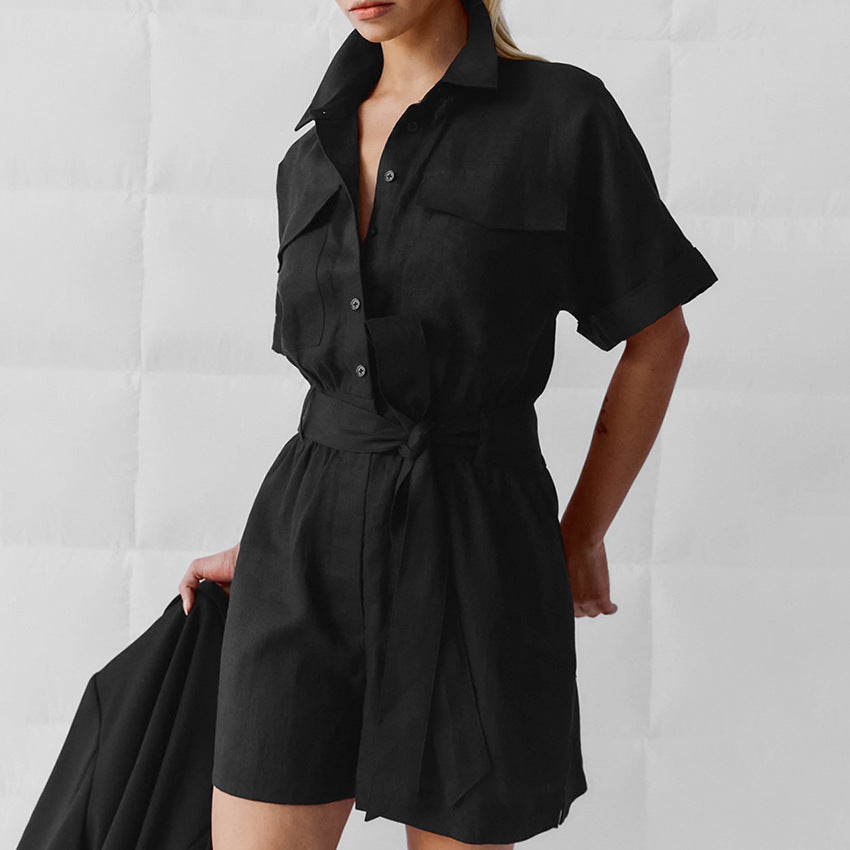 Dame behagelig kort jumpsuit med mode skjortekrave og bindebælte Stilla