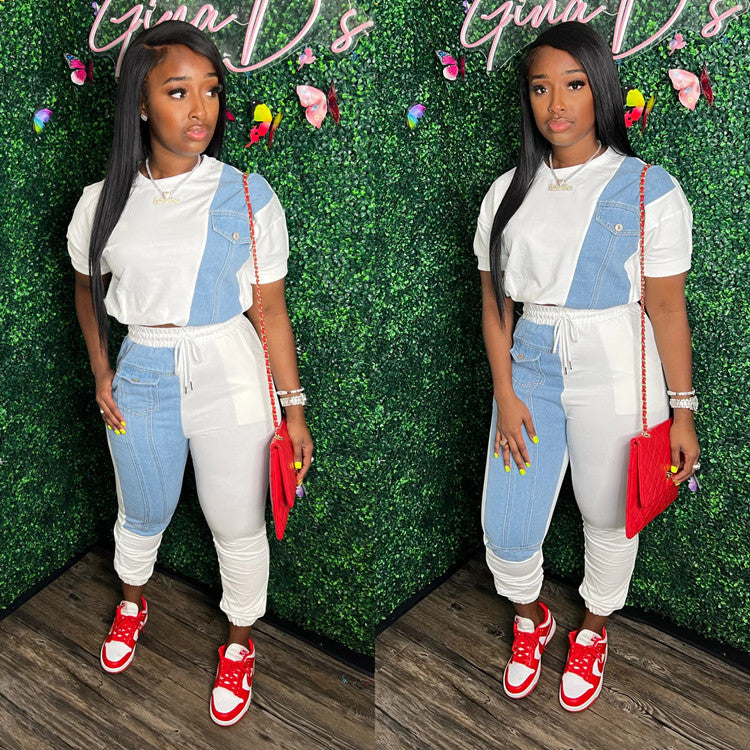 Dame Denim-Mix Joggingdragt med cropped top og elastisk talje Stilla