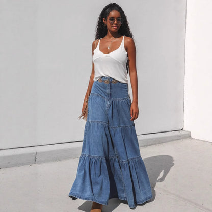 Dame Lang Jeansnederdel med lagdelt design Stilla