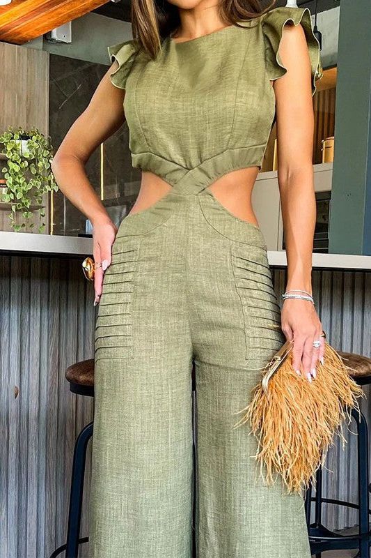 Stilla | Rund Hals Ruffle Løse Bukser Jumpsuit