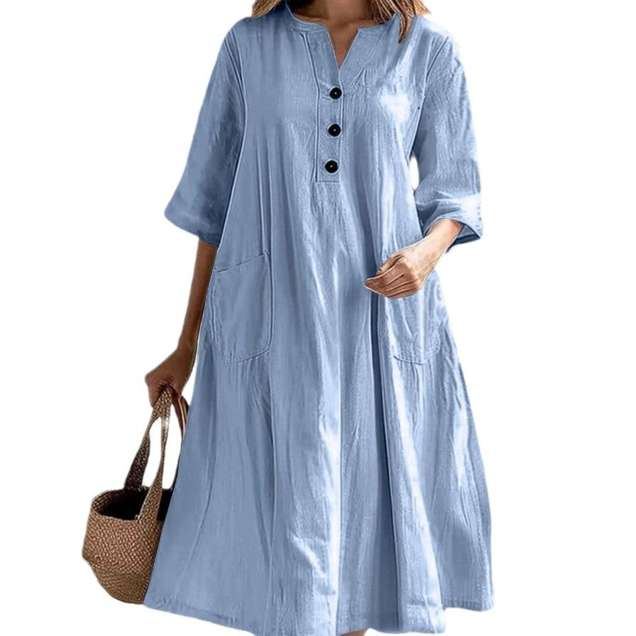 Dame afslappet midikjole med knaplukning og praktiske lommer Stilla